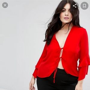 John zack red tie front sheer ruffle 3/4 length sleeve tie front blouse